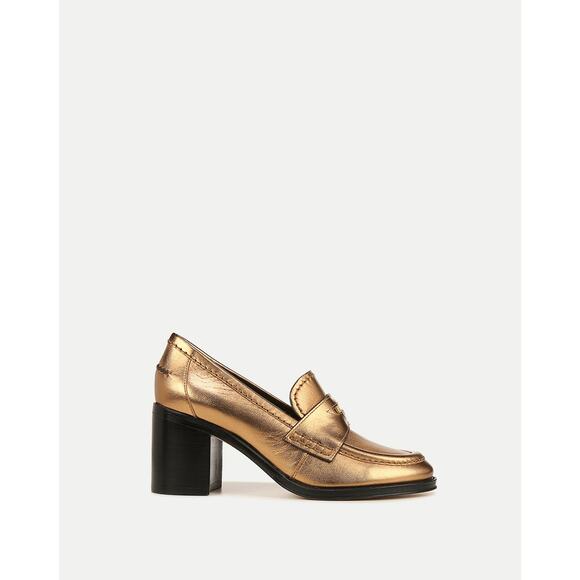 Veronica Beard Metallic Gold Leather Penny Loafer With Heel Size 6